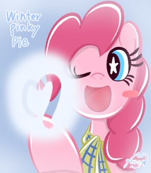 Size: 1774x2048 | Tagged: safe, artist:garammasara, derpibooru import, pinkie pie, earth pony, pony, blue background, blushing, bust, clothes, female, happy, mare, one eye closed, open mouth, open smile, scarf, signature, simple background, smiling, starry eyes, stars, text, wingding eyes, winter