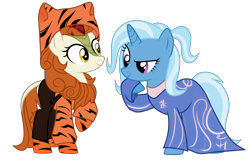 Size: 3015x1963 | Tagged: safe, artist:idkhesoff, derpibooru import, autumn blaze, trixie, big cat, kirin, pony, tiger, unicorn, alternate hairstyle, awwtumn blaze, chinese, chinese new year, clothes, cute, dress, duo, female, hoodie, lunar new year, mare, onesie, pants, raised hoof, raised leg, simple background, socks, striped socks, transparent background, year of the tiger