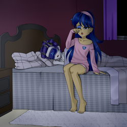 Size: 2000x2000 | Tagged: safe, artist:nekojackun, derpibooru import, flash sentry, rarity, oc, oc:felicity sentry, equestria girls, bed, bedroom, clothes, commissioner:shortskirtsandexplosions, commissioner:syntakitty, crossdressing, feet, female, femboy, hair curlers, hairband, male, night, one eye closed, pajamas, pillow, sleep mask, sleeping, sleepover, sleepy, tired, waking up