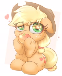 Size: 1558x1920 | Tagged: safe, artist:phoenixrk49, derpibooru import, applejack, earth pony, pony, apple, applejack's hat, blushing, clothes, covering mouth, cowboy hat, cute, eye clipping through hair, eye reflection, female, food, hat, heart, jackabetes, looking at you, mare, partial background, reflection, simple background, sitting, solo, weapons-grade cute, white background