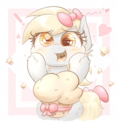Size: 1836x1920 | Tagged: safe, artist:phoenixrk49, derpibooru import, derpy hooves, pegasus, pony, blushing, bust, cute, derpabetes, exclamation point, eye reflection, female, food, happy, heart, hoof on cheek, looking at something, mare, muffin, open mouth, open smile, reflection, ribbon, smiling, solo, text, weapons-grade cute