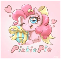 Size: 1920x1850 | Tagged: safe, artist:phoenixrk49, derpibooru import, pinkie pie, earth pony, pony, bust, cute, diapinkes, eye reflection, female, gradient background, heart, looking at you, mare, one eye closed, open mouth, open smile, present, reflection, ribbon, signature, smiling, smiling at you, solo, text, wink, winking at you