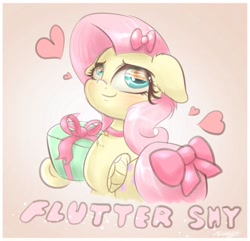 Size: 1920x1850 | Tagged: safe, artist:phoenixrk49, derpibooru import, fluttershy, pegasus, pony, blushing, bust, choker, chokershy, cute, ears, eye reflection, female, floppy ears, gradient background, heart, looking away, mare, present, reflection, ribbon, shyabetes, signature, solo, text, wing hold, wings