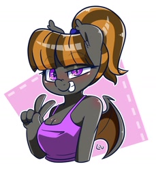 Size: 1500x1639 | Tagged: safe, artist:lou, derpibooru import, oc, oc only, oc:mythic dawn, anthro, bat pony, bat pony oc, bust, commission, ear fluff, ears, eyebrows, eyebrows visible through hair, female, grin, hair tie, nose wrinkle, outline, peace sign, pink background, ponytail, purple eyes, signature, simple background, smiling, solo, white background, white outline, ych result