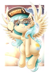 Size: 1299x1920 | Tagged: safe, artist:phoenixrk49, derpibooru import, oc, oc only, oc:aqua everglow, pegasus, pony, chest fluff, female, hat, looking at you, mare, partial background, pegasus oc, simple background, solo, spread wings, text, white background, wings