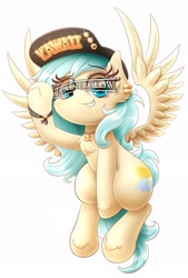 Size: 1299x1920 | Tagged: safe, alternate version, artist:phoenixrk49, derpibooru import, oc, oc only, oc:aqua everglow, pegasus, pony, chest fluff, female, hat, looking at you, mare, pegasus oc, simple background, solo, spread wings, text, white background, wings