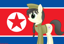 Size: 3920x2672 | Tagged: safe, artist:rainbowšpekgs, oc, oc only, oc:mokran, pony, braid, clothes, female, flag, hat, high res, korea, mare, military uniform, nation ponies, north korea, north korean flag, ponified, solo, uniform