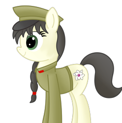 Size: 2552x2576 | Tagged: safe, alternate version, artist:rainbowšpekgs, oc, oc only, oc:mokran, earth pony, pony, braid, clothes, earth pony oc, female, hat, high res, hooves, korea, mare, military uniform, nation ponies, north korea, ponified, simple background, smiling, solo, tail, transparent background, uniform
