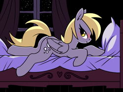 Size: 2400x1800 | Tagged: safe, derpy hooves, pegasus, pony, bed, bedroom eyes, blushing, female, indoors, looking at you, looking sideways, lying down, lying on bed, mare, night, on bed, pillow, prone, smiling, smiling at you, solo, window