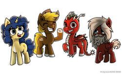 Size: 3000x1836 | Tagged: safe, artist:nyancat380, oc, oc only, oc:acres, oc:dragonfire(havock), oc:flash reboot, oc:mindful manners, dracony, earth pony, pegasus, pony, unicorn, beard, blaze (coat marking), blonde, blonde mane, blonde tail, blue mane, blue tail, brown coat, claws, coat markings, cowboy hat, dracony oc, dragon tail, dragon wings, ear fluff, ears, earth pony oc, eyes closed, fangs, female, gray mane, gray tail, group photo, horn, horns, looking at you, male, mare, open mouth, pegasus oc, raised hoof, raised leg, red coat, simple background, smiling, socks (coat marking), stallion, tail, toothy grin, transparent background, unicorn oc, waving, wings, yellow coat