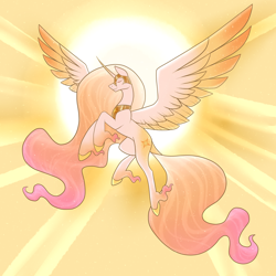 Size: 3600x3600 | Tagged: safe, artist:sinstormfiend, derpibooru import, princess celestia, alicorn, pony, alternate universe, backlighting, ethereal fetlocks, ethereal mane, ethereal tail, eyes closed, female, helmet, mare, redesign, smiling, solo, spread wings, sun, tail, wings