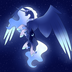 Size: 3600x3600 | Tagged: safe, artist:sinstormfiend, derpibooru import, princess luna, alicorn, pony, alternate universe, ethereal fetlocks, ethereal mane, ethereal tail, eyes closed, female, flying, helmet, mare, night, redesign, sky, solo, stars, tail