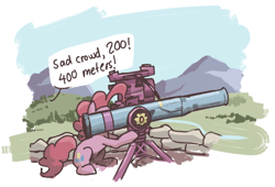 Size: 724x492 | Tagged: safe, artist:plunger, ponerpics import, pinkie pie, earth pony, pony, exclamation point, female, gun, hoof hold, looking at something, mare, missile launcher, mountain, offscreen character, partillery, rock, sitting, solo, speech bubble, text, tow missile, weapon