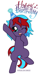 Size: 624x1200 | Tagged: safe, derpibooru import, oc, oc only, oc:charming dazz, pony, unicorn, bipedal, happy, happy birthday, hat, jumping, looking at you, one eye closed, party hat, simple background, smiling, solo, transparent background, vector, wink, winking at you