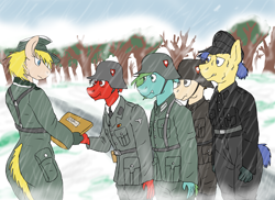 Size: 7015x5100 | Tagged: safe, derpibooru import, oc, oc:juninho, anthro, pony, clothes, female, girly, male, military uniform, rain, snow, tree, uniform, wehrmacht, world war ii