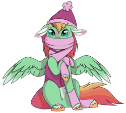 Size: 1024x915 | Tagged: safe, artist:fluffy-fillies, derpibooru import, oc, oc only, oc:summer harvest, pegasus, pony, blushing, clothes, ear blush, ears, eyebrows, eyebrows visible through hair, female, filly, floppy ears, foal, hat, leg warmers, offspring, parent:big macintosh, parent:fluttershy, parents:fluttermac, pegasus oc, scarf, simple background, sitting, solo, spread wings, transparent background, unshorn fetlocks, vest, wings