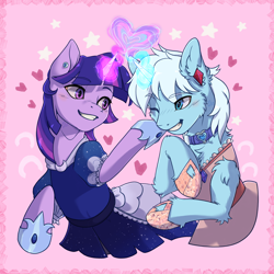 Size: 6600x6600 | Tagged: safe, artist:alechan, derpibooru import, twilight sparkle, oc, oc:crystal tundra, alicorn, pony, unicorn, clothes, collar, couple, crossdressing, dress, ear piercing, earring, female, fluffy, heart, hearts and hooves day, hoof shoes, jewelry, magic, magic aura, male, mare, multiple variants, piercing, pink background, simple background, stallion, stars