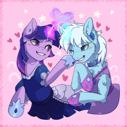 Size: 6600x6600 | Tagged: safe, alternate version, artist:alechan, derpibooru import, twilight sparkle, oc, oc:crystal tundra, alicorn, pony, unicorn, clothes, collar, couple, crossdressing, dress, ear piercing, earring, female, fluffy, heart, hearts and hooves day, hoof shoes, jewelry, magic, magic aura, male, mare, multiple variants, piercing, pink background, simple background, stallion, stars