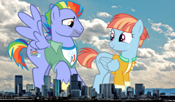Size: 2048x1195 | Tagged: safe, artist:cheezedoodle96, artist:electrochoc, artist:thegiantponyfan, derpibooru import, bow hothoof, windy whistles, pegasus, pony, colorado, denver, female, giant pegasus, giant pony, giantess, highrise ponies, irl, looking at each other, looking at someone, macro, male, mare, mega giant, photo, ponies in real life, shipping, spread wings, stallion, story included, straight, windyhoof, wings