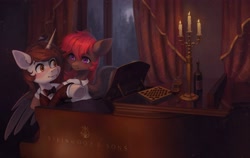 Size: 3155x2000 | Tagged: safe, artist:koviry, derpibooru import, oc, oc only, oc:darius, pegasus, pony, unicorn, blushing, bottle, candle, glass, horn, looking at each other, looking at someone, musical instrument, piano, window, wine bottle, wine glass, wings