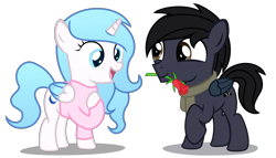 Size: 5136x2944 | Tagged: safe, artist:strategypony, derpibooru import, oc, oc only, oc:darkdj, oc:madelyne ruiz, alicorn, pegasus, pony, clothes, colt, duo, female, filly, flower, foal, hearts and hooves day, holiday, male, mouth hold, raised hoof, raised leg, rose, scarf, shipping, simple background, sweater, transparent background, valentine's day