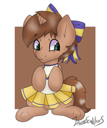 Size: 1473x1753 | Tagged: safe, artist:itwasscatters, derpibooru import, oc, oc only, oc:heroic armour, pony, unicorn, bow, brown coat, brown mane, brown tail, cheerleader, cheerleader outfit, clothes, colt, crossdressing, foal, frog (hoof), hair bow, hooves, hooves to the chest, horn, looking at you, male, signature, simple background, sitting, smiling, solo, tail, underhoof, unicorn oc