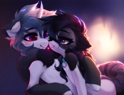 Size: 3776x2879 | Tagged: safe, artist:shenki, derpibooru import, oc, oc only, pony, unicorn, black mane, blue eye, cheek fluff, chest fluff, collar, collar ring, colored pupils, duo, ears, embrace, eye contact, eyebrow piercing, eyebrows, eyebrows visible through hair, eyelashes, floating heart, floppy ears, gray mane, heart, heterochromia, high res, horn, hug, looking at each other, looking at someone, multicolored eyes, oc name needed, piercing, red eye, romantic, shipping, smiling, smiling at each other, two toned coat, unicorn oc, unknown species