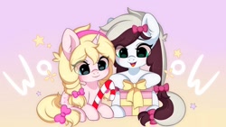 Size: 1024x576 | Tagged: artist needed, safe, derpibooru import, oc, oc:lily allure, oc:vanilla cream, female, filly, foal, present