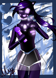 Size: 2084x2917 | Tagged: safe, artist:opal_radiance, derpibooru import, oc, anthro, earth pony, robot, abstract background, clothes, earth pony oc, female, microphone, one eye closed, skirt, smiling, solo, wink