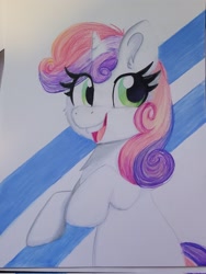 Size: 1536x2048 | Tagged: safe, artist:littleblackraencloud, derpibooru import, sweetie belle, pony, unicorn, smiling, solo, traditional art