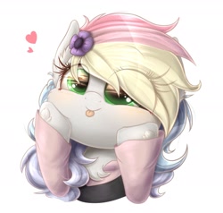 Size: 1920x1826 | Tagged: safe, artist:phoenixrk49, derpibooru import, oc, oc only, pegasus, pony, blushing, bust, clothes, emanata, eye clipping through hair, eye reflection, female, flower, flower in hair, heart, hoof on cheek, mare, pegasus oc, reflection, simple background, solo, squishy cheeks, tongue, tongue out, white background