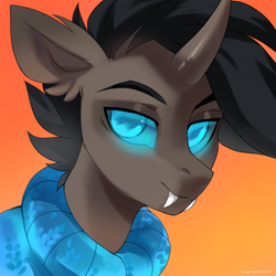 Size: 1700x1700 | Tagged: safe, alternate version, artist:zlatavector, derpibooru import, oc, oc only, oc:rosie clockwork, changeling, changeling oc, clothes, commission, fangs, icon, looking at you, male, smiling, smiling at you, solo, stallion, sweater