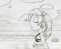 Size: 1024x813 | Tagged: safe, artist:736berkshire, derpibooru import, rarity, equestria girls, beach, bikini, bikini top, clothes, ear piercing, eyes closed, female, piercing, solo, swimming pool, swimsuit, traditional art