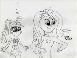 Size: 1280x969 | Tagged: safe, artist:736berkshire, derpibooru import, fluttershy, sci-twi, twilight sparkle, fish, equestria girls, bubble, clothes, duo, duo female, female, one-piece swimsuit, sci-twi swimsuit, swimsuit, traditional art, underwater