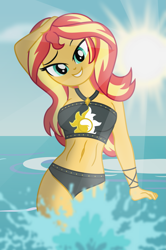 Size: 1329x2000 | Tagged: safe, artist:emeraldblast63, derpibooru import, sunset shimmer, human, bare shoulders, clothes, female, humanized, ocean, sexy, sleeveless, solo, stupid sexy sunset shimmer, sunset shimmer's beach shorts swimsuit, swimsuit, water