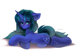 Size: 2300x1700 | Tagged: safe, artist:zlatavector, derpibooru import, oc, oc only, oc:arclight, pony, unicorn, blushing, clothes, commission, female, fishnet stockings, looking at you, mare, solo, stockings, telling lies, thigh highs