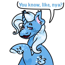 Size: 640x640 | Tagged: safe, artist:dozy-draws, derpibooru import, trixie, pony, unicorn, :3, alternate design, curved horn, dialogue, fangs, horn, looking at you, nya, smiling, solo, unshorn fetlocks