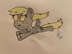 Size: 2048x1536 | Tagged: safe, artist:jesslmcjessica, derpibooru import, derpy hooves, pegasus, pony, flying, solo, traditional art