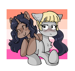 Size: 1383x1311 | Tagged: safe, artist:lolettecore, derpibooru import, oc, earth pony, pony, unicorn, attack on titan, chest fluff, chibi, cute, duo, earth pony oc, eyebrows, eyebrows visible through hair, female, hooves, horn, lesbian, love, mahogany, shading, yelena