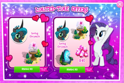 Size: 1029x688 | Tagged: safe, derpibooru import, queen chrysalis, rarity, reversalis, putting your hoof down, advertisement, bipedal, costs real money, crack is cheaper, gameloft, gem, holiday, mirror universe, official, stock vector, valentine's day