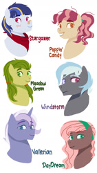 Size: 1024x1817 | Tagged: safe, artist:shimmerharmony4215, derpibooru import, oc, oc only, oc:daydream, oc:meadow green, oc:poppin' candy, oc:stargazer, oc:vallerian, oc:windstorm, earth pony, pegasus, pony, unicorn, bandana, bust, female, hairband, magical lesbian spawn, male, mare, next generation, offspring, parent:applejack, parent:big macintosh, parent:flash sentry, parent:fluttershy, parent:pinkie pie, parent:pokey pierce, parent:rainbow dash, parent:rarity, parent:soarin', parent:thunderlane, parent:trixie, parent:twilight sparkle, parents:flashlight, parents:fluttermac, parents:pokeypie, parents:rarixie, parents:soarinjack, parents:thunderdash, simple background, stallion, white background