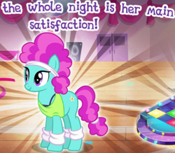 Size: 405x354 | Tagged: safe, derpibooru import, flashdancer, earth pony, pony, female, gameloft, mare, meme, night, out of context, smiling, solo, standing, tail, text, two toned mane, two toned tail, wow! glimmer