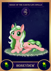 Size: 1300x1800 | Tagged: safe, artist:dusthiel, derpibooru import, part of a set, oc, oc:honeydew, pony, unicorn, card, female, leo, lying down, mare, prone, solo