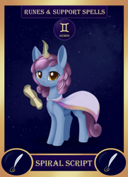 Size: 1300x1800 | Tagged: safe, artist:dusthiel, derpibooru import, part of a set, oc, oc:spiral script, pony, card, cloak, clothes, female, gemini, magic, mare, scroll, solo