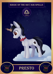 Size: 1300x1800 | Tagged: safe, artist:dusthiel, derpibooru import, part of a set, oc, oc:presto, pony, unicorn, bowtie, card, cloud, libra, magic, male, solo, stallion