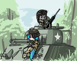 Size: 602x479 | Tagged: safe, artist:plunger, artist:toffo, ponerpics import, dj pon-3, octavia melody, vinyl scratch, earth pony, pony, unicorn, clothes, duo, female, forest, grass, gun, hat, headphones, helmet, looking at something, lying down, m4 sherman, mare, military uniform, sitting, sky, smiling, stars, tank (vehicle), tree, underhoof, uniform, weapon, world war ii, wrench