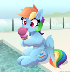 Size: 2452x2500 | Tagged: safe, artist:andaluce, artist:pabbley, pegasus, pony, :p, cute, dashabetes, female, holding, ice cream, ice cream cone, licking, mare, sitting, smiling, solo, swimming pool, tongue, tongue out, underhoof