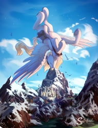 Size: 2500x3274 | Tagged: safe, artist:silentwulv, derpibooru import, derpy hooves, bird, pegasus, pony, canterlot, female, flying, mailbag, mailmare, mare, mountain, mountain range, scenery, smiling, solo, spread wings, underhoof, wings