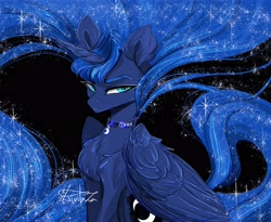 Size: 3900x3200 | Tagged: safe, artist:livitoza, derpibooru import, princess luna, alicorn, pony, beautiful, black background, chest fluff, choker, collar, cyrillic, folded wings, long mane, long tail, looking at you, russian, simple background, solo, sparkles, sparkly mane, sparkly tail, tail, translation, wings