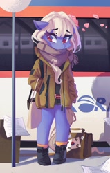 Size: 1305x2048 | Tagged: safe, artist:saxopi, derpibooru import, oc, oc only, earth pony, semi-anthro, bag, brown eyes, clothes, eyebrows, eyebrows visible through hair, eyelashes, flag, flower, flower in hair, flower petals, hoof shoes, jacket, korea, no pupils, oc name needed, pants, paper, scarf, solo, standing, street sign, tail, train, white hair, white mane, white tail